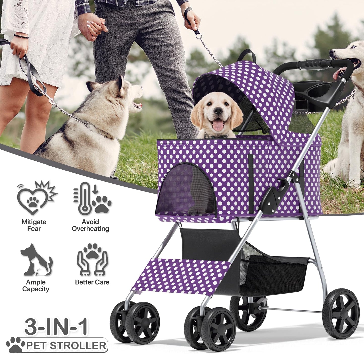MoNiBloom 3 in 1 Foldable Pet Stroller for Small & Medium Dogs, Detachable Carrier, Car Seat, Push Button Entry, 4-Wheel Jogger for Pets up to 33 lbs, Purple Polka Dots