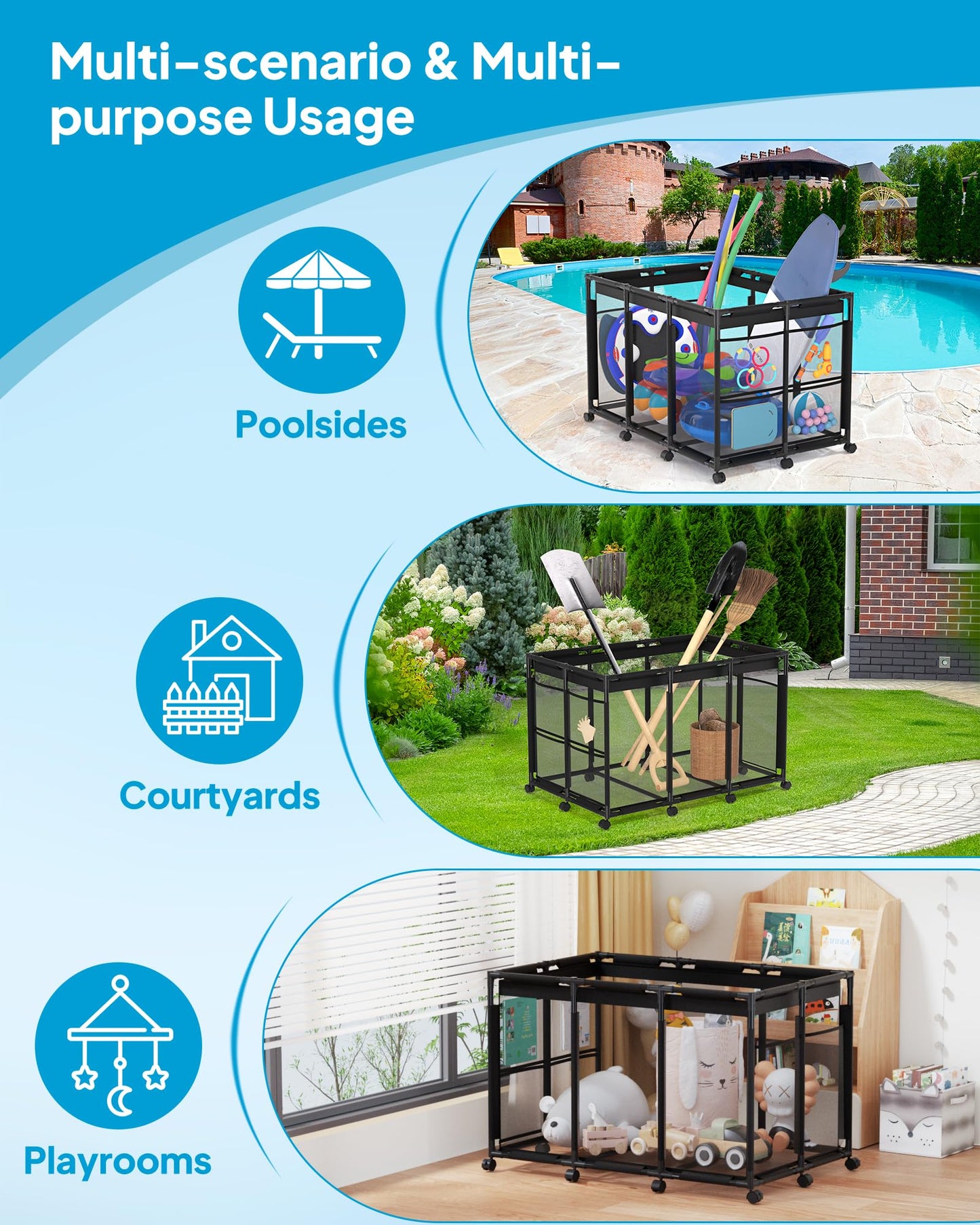 SHAPON Pool Storage Bin XX-Large, Nylon Mesh Pool Float Storage Organizer for Noodles, Goggles, Floats & Balls, Outdoor Pool Toy Storage with Rolling Cart for Swimming Equipments, Black
