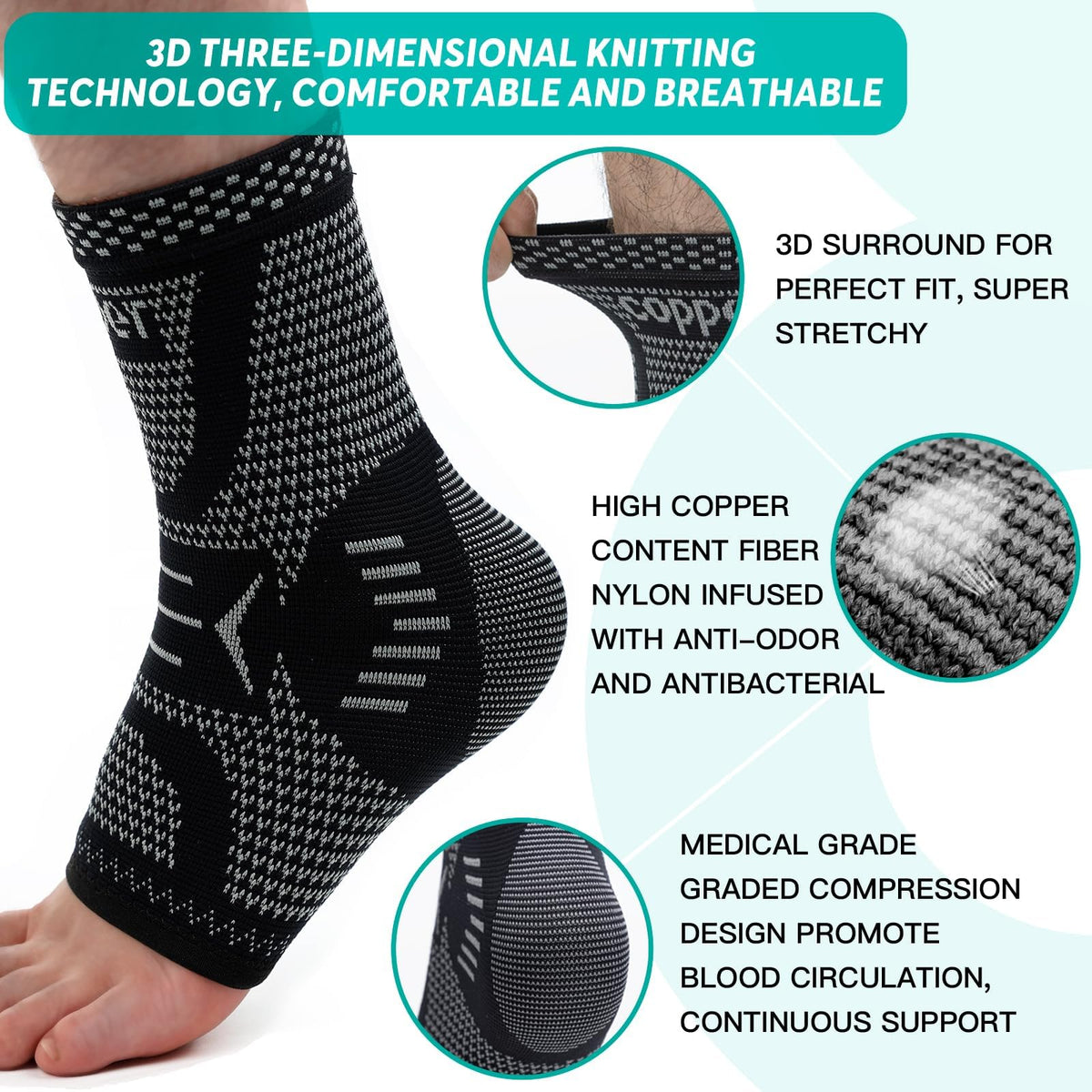 INDEEMAX Copper Ankle Brace Ankle Compression Sleeve Support Ankle Brace for Women & Men, Achilles Tendonitis Brace, Plantar Fasciitis, Sports, Silver Black, XL