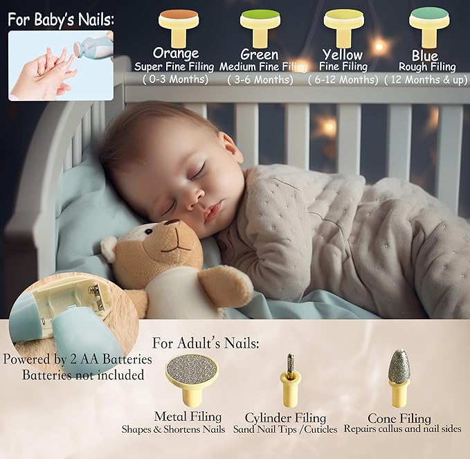 Royal Angels Upgraded 21 in 1 Baby Nail Trimmer with Labeled Case, 13 Extra Replacement Pads, Safe Electric Baby Nail File Kit for Newborn & Toddler, Whisper Quiet Nail Clipper with LED Light (Yellow)