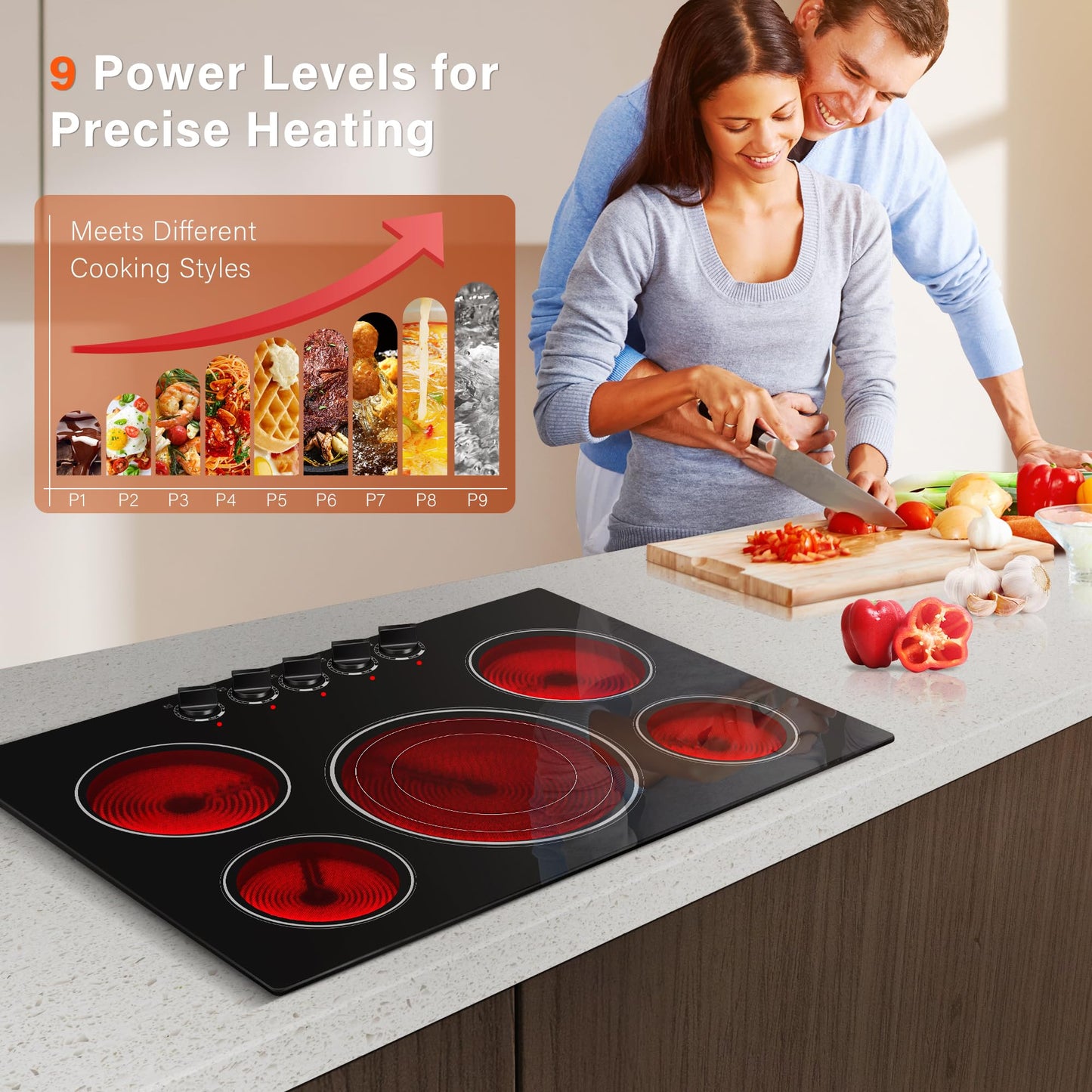 30 Inch Built-in Electric Cooktop with Expandable Triple Ring Burners, 5 Burner 9000W Ceramic Stove Top - Easy Knob Controls & Residual Heat Indicator (220-240V Hardwired)