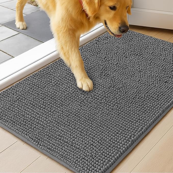 MudGuard Mat™ Dog Door Mat for Muddy Paws, Super Absorbent Microfiber, Non-Slip Indoor Mat, Quick Dry Chenille Mud Mat for Dogs & Entryway, Washable, Grey 16" x 24"