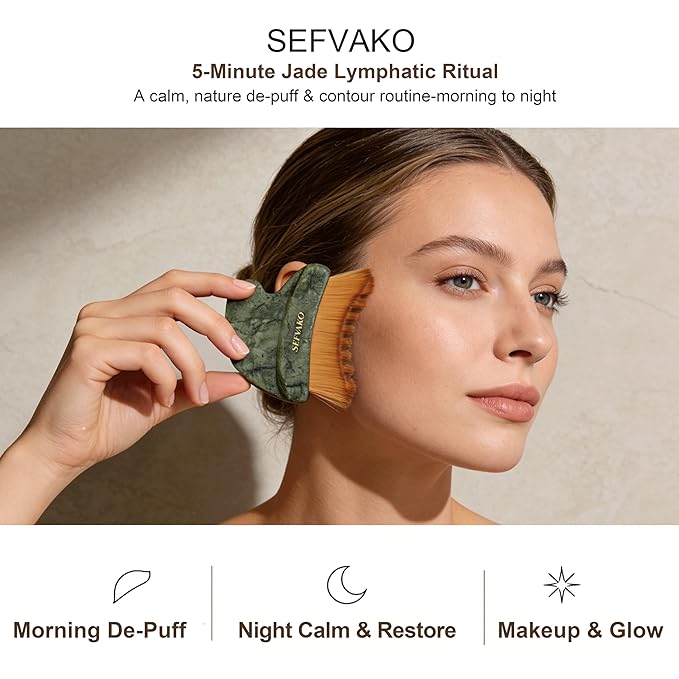 Lymphatic Contour Face Brush, Dual-Ended Dry Brush + Cool-Touch Jade Gua Sha Edge, 0.075mm Ultra-Soft Bristles Gua Sha Facial Tools, for Lymphatic Drainage, Less Puffy Look, Sculpt & Relax