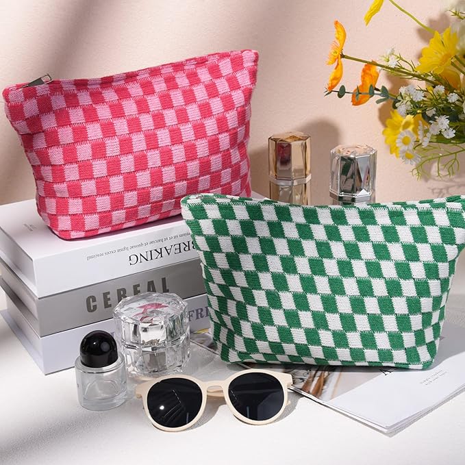 SOIDRAM 2 Pieces Makeup Bag Large Checkered Cosmetic Bag Capacity Canvas Travel Toiletry Bag Organizer Cute Makeup Brushes Aesthetic Accessories Storage Bag for Women, Checkered L Green Rose red