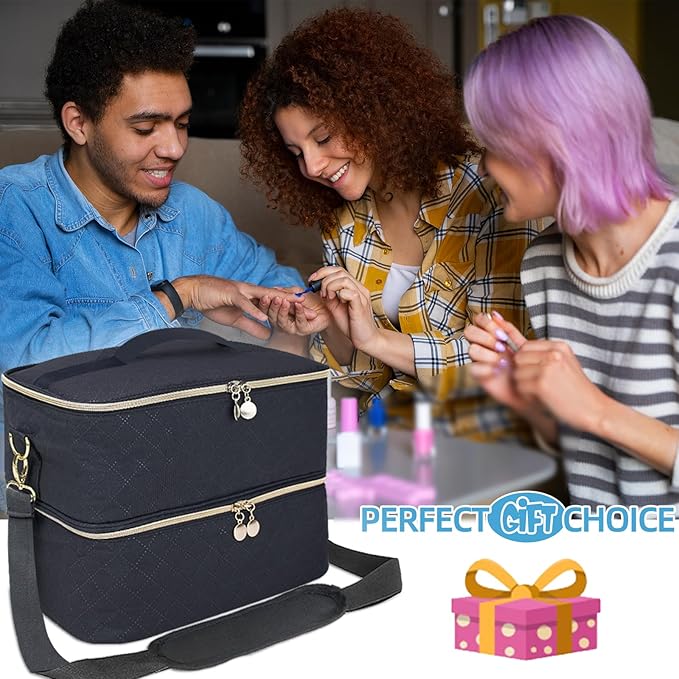 Nail Polish Organizer With Adjustable Shoulder Strap Gel Nail Polish Holder, Nail Organizers and Storage for UV Led Nail Lamp, Nail Supplies Bag, Holds 40 Bottles (15ml - 0.5 fl.oz) (Black)