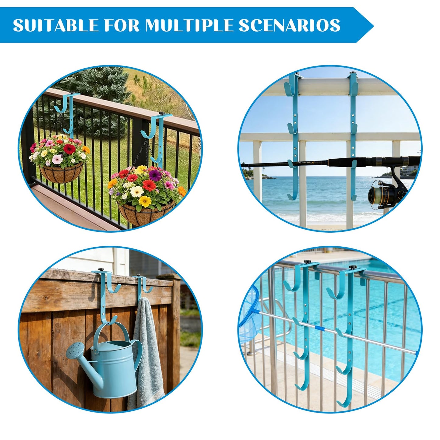 2Sets Blue Four Pool Pole Hooks Hangers, Adjustable Heavy Duty 4 Fence Hooks for Pool Poles Equipment, Pool Tool Holder for Telescopic Poles Skimmers Vacuum Hose Nets Brushes Swimming Pool Accessories