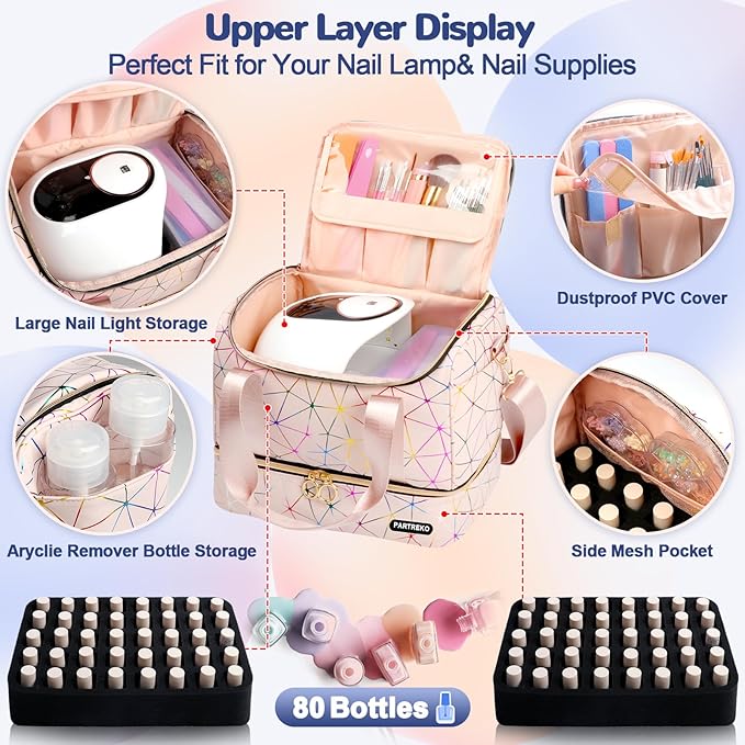 Nail Polish Organizer Holds 80 Bottles (15ml/0.5 fl.oz)& Nail Lamp, PU Leather Nail Organizers and Storage Bag with Shoulder Strap, Portable Nail Supplies Kit Organizer Carrying Case (Pink)