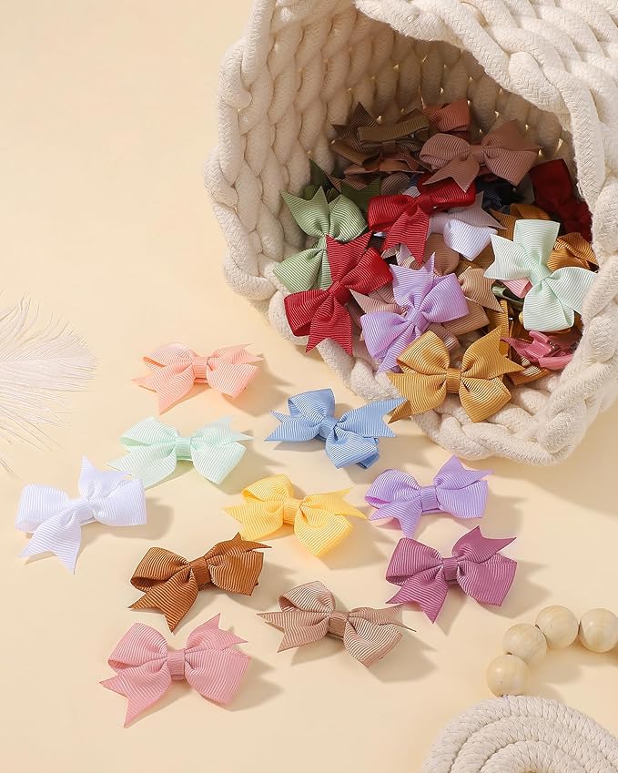 doboi 50PCS 2'' Baby Hair Bows Clips Fully Lined Tiny Grosgrain Boutique Solid Ribbon Mini Bows Alligator Clips for Girls Teens Infants Kids Toddlers Newborn
