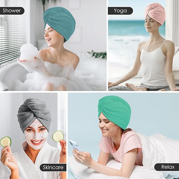 TENSTARS 5 Pack Thicken Microfiber Hair Towel Wrap for Women - Elastic Loop Design - 320GSM Coral Velvet - Quick Dry Hair Turban - 11x28 Inch (Aqua Green+Pink+Burgundy+Teal+Grey)