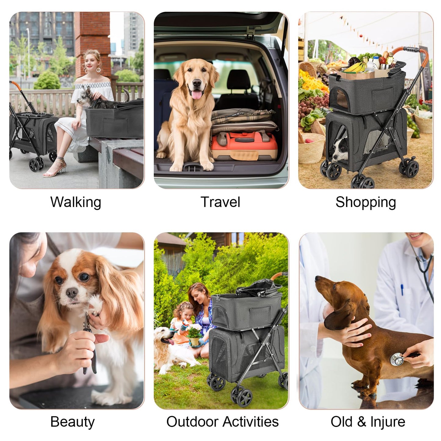 LPOTIUS Double Pet Stroller with Detachable Carrier for Medium Small Dogs and Cats, Lightweight Dog Stroller Travel Carriage with No-Zip Canopy Storage Basket One-Click Folding and One-Foot Brake