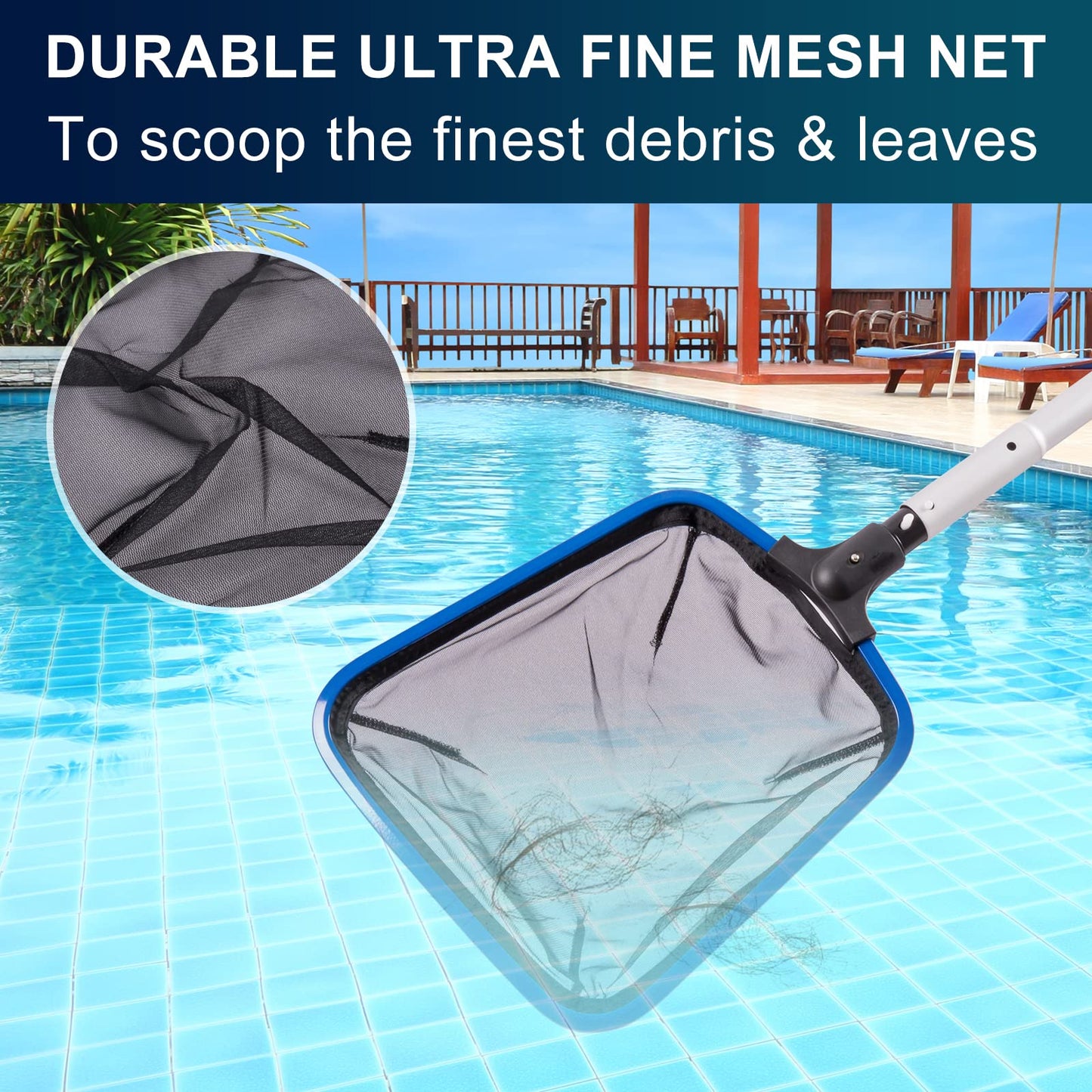 POOLAZA Ultra Fine Mesh Pool Skimmer Net with Aluminum Frame, Aluminum Pool Net for Cleaning Efficiently, Durable Pool Skimmer Net Fine Mesh Ideal for Fine Debris Removal, Fine Mesh Pool Net Skimmer