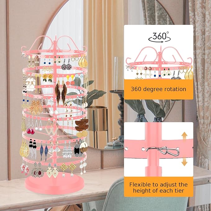 6 Tier Rotating Jewelry Organizer Stand, 230 Holes Earring Holder Organizer for Women Girls, Spinning Earring Tree with Ring Holder, Wide Base for Bracelets Watches Lipstick