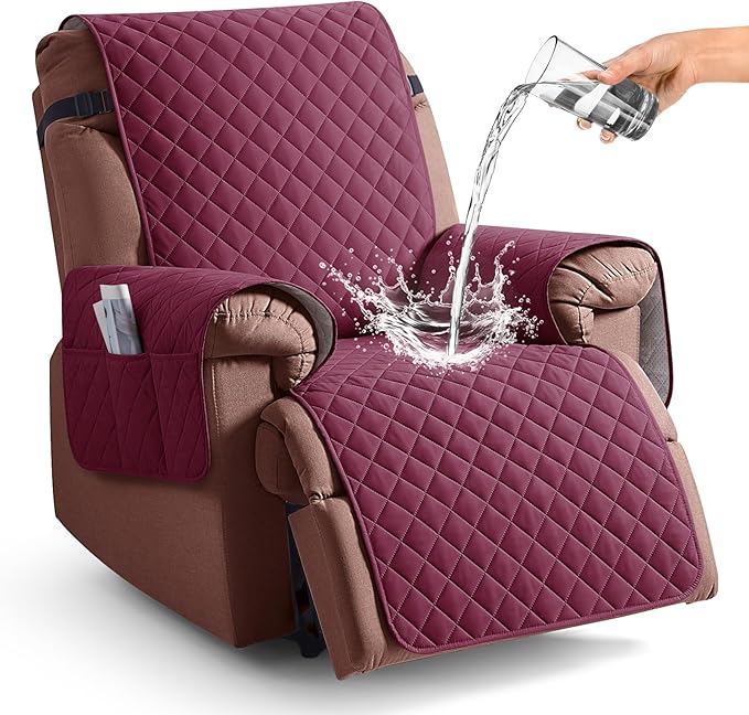 KinCam 100% Waterproof Recliner Chair Cover, Reclining Couch Covers for Pets, Dogs, Recliner Couch Slipcover Furniture Protector with Elastic Straps for Kids(30", Burgundy)