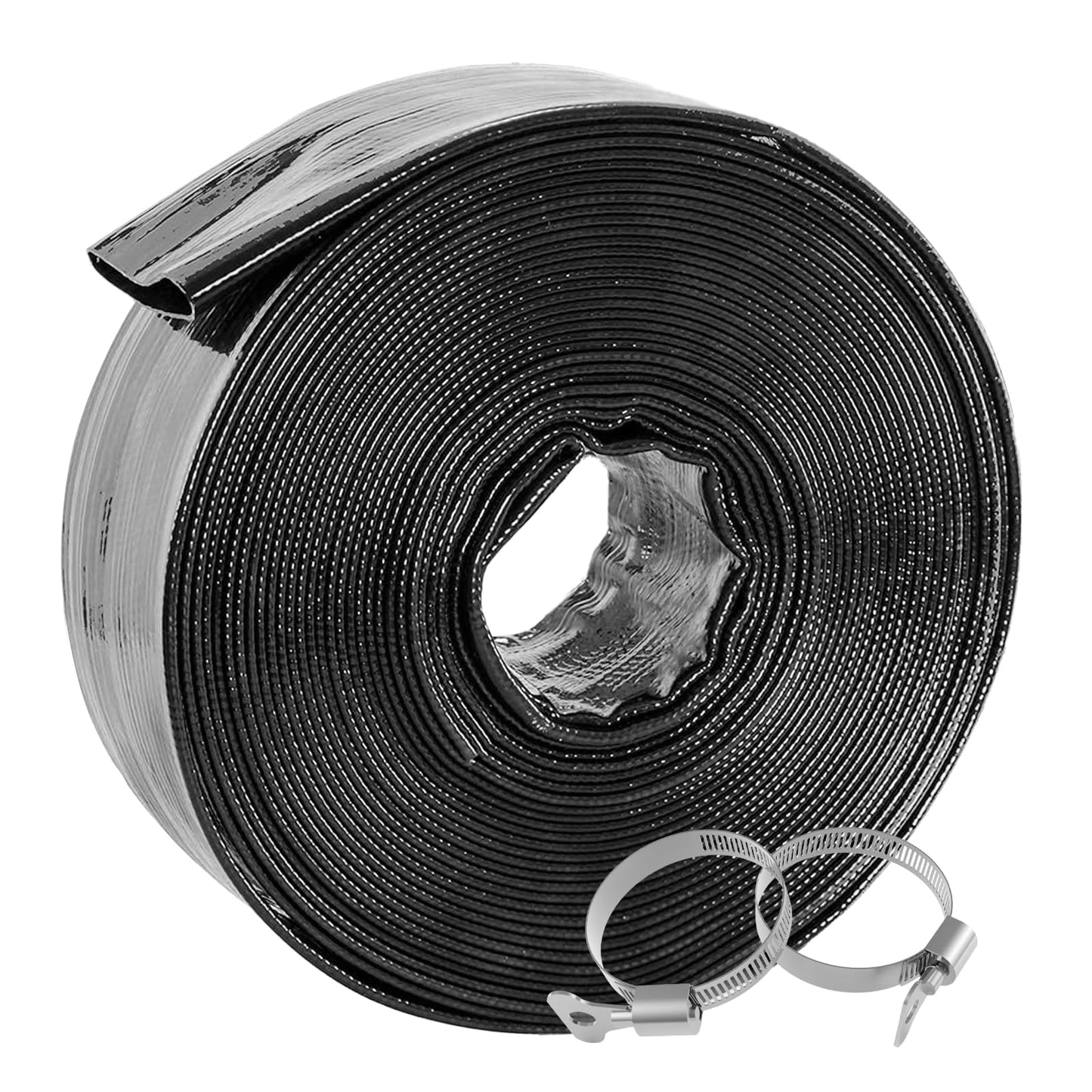 Poolvio Backwash Hose 2" x 100 ft, Heavy-Duty Lay-Flat Reinforced PVC Discharge Hose with 2 Stainless Steel Thumb Screw Clamps, Leak-Resistant for Inground & Above-Ground Pool Filters