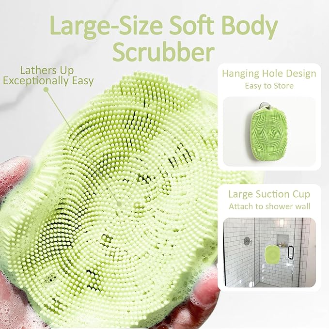 Soft Silicone Body Scrubber, Gentle Like a Hand Exfoliating Your Skin and Build Up Lather Easily, Back Large Suction Cup Easy to Store, Long-Lasting & Deep Clean (Green)