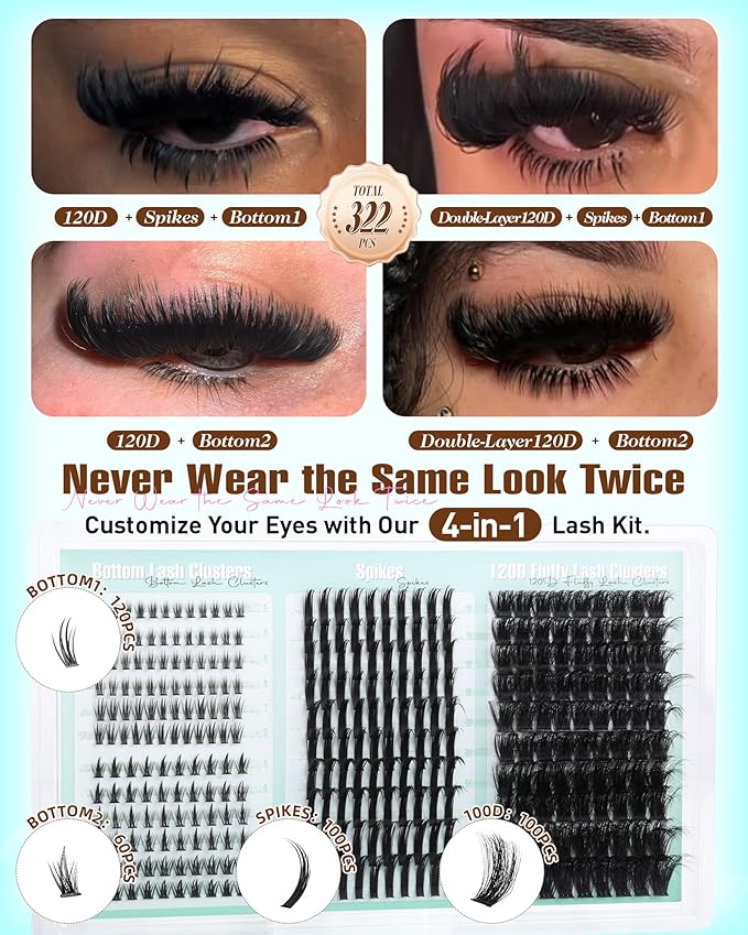 Lash Clusters with Spikes Wispy Eyelash Clusters with 2 Styles Bottom Lashes 120D Fluffy Clusters Lashes 322PCS Fairy Cluster Eyelash Extensions DIY Manga Individual Lashes by Boahankuke