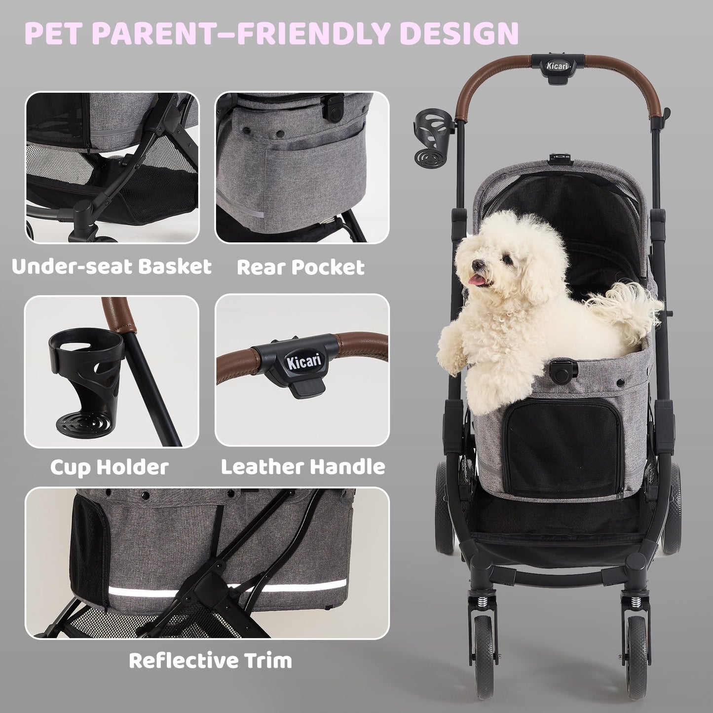 Kicari All-Terrain Dog Stroller for Small to Medium Dogs, Pet Stroller for Dogs & Cats Outdoor Walks, One-Hand Easy Fold, Double-Layer Anti-UV & Waterproof Canopy & Breathable Mesh, Charcoal Gray