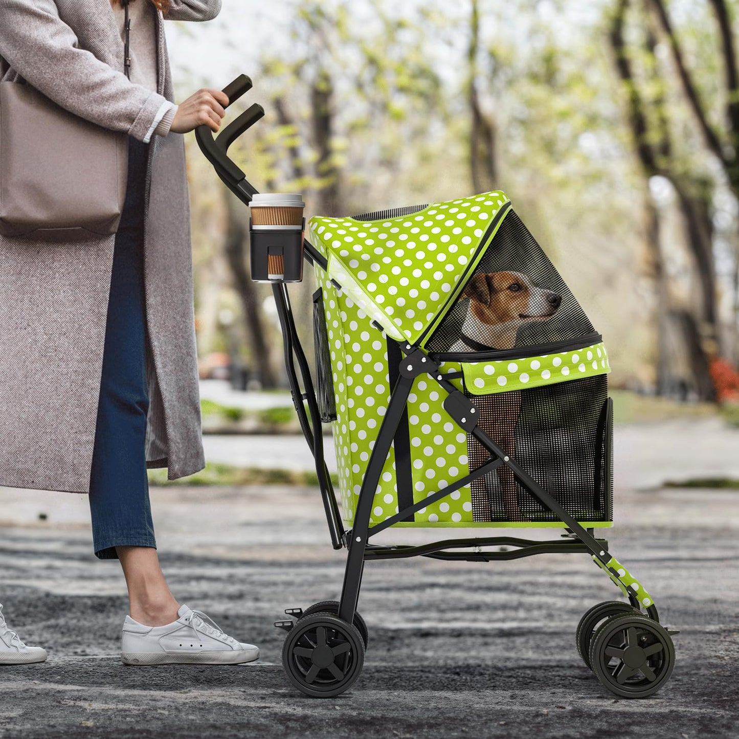 MoNiBloom 4 Wheels Pet Stroller, Easy-Fold Umbrella Shaped Dog Cat Jogger Stroller w/Storage Bag & Visible Mesh for Small/Medium Dogs Cats Lawn Green Polka Dots