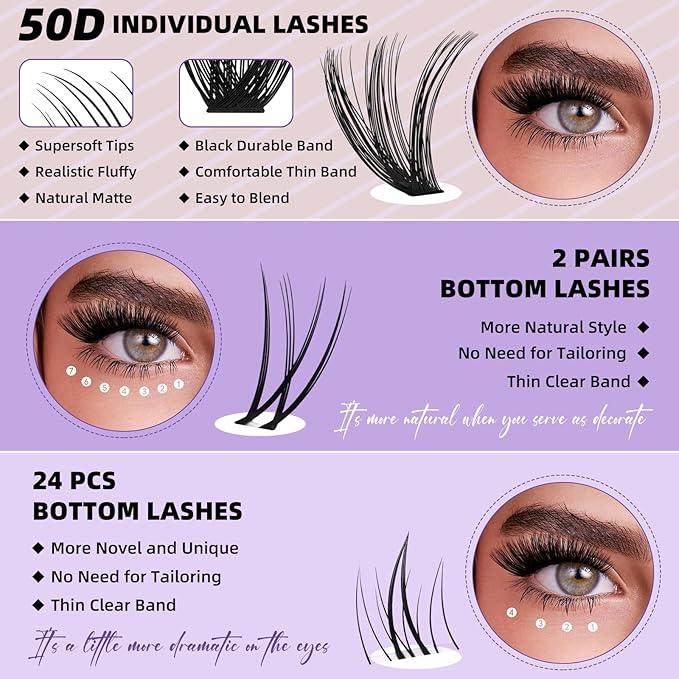 B&Qaugen Eyelash Extension Kit with Bottom Lash Extension 10-18mm 50D D Curl Lash Clusters Kit with Bottom Lashes DIY Lash Extension Kit Bond and Seal Lash Applicator (Kit-50D-D-MIX10-18)