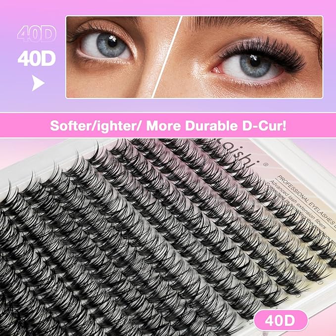 Lash Clusters DIY Cluster Eyelash Extensions 280pcs 9‑16mm 40D Fluffy D Curl Natural Volume Lashes–Waterproof Fake Cat Eye Wispy Individual Soft Clusters (16MIX2-2-X)