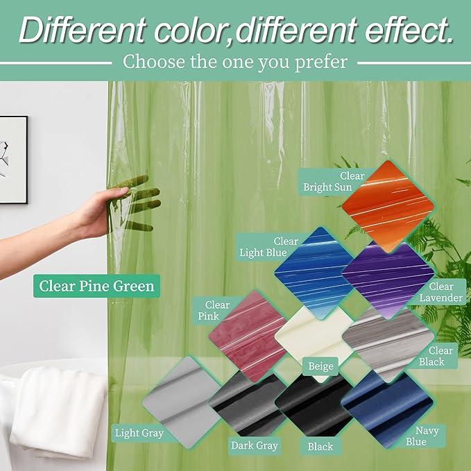 Mrs Awesome Clear Green Shower Curtain Liner with 3 Magnets, 72x72 Premium Flexible Sturdy Plastic Shower Curtain for Bathroom Waterproof, Clear Green