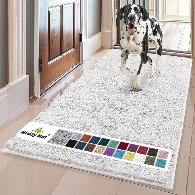 Muddy Mat® | Super Absorbent Door Mat Indoor, Microfiber Quick Dry Chenille Entryway Rug, Non-Slip Front Door Mat, Indoor Mats for Entryway, Machine Washable Pet Rug, White 24" x 120"