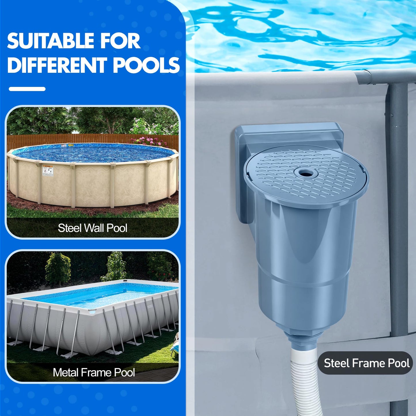 DeeprClean Through Wall Skimmer for Above Ground Pool, Heavy Duty Wall Mount Pool Skimmer Kit, Universally Fits All Standard Pool Wall Openings, In Wall Pool Surface Skimmer for Above ground Pool-Blue