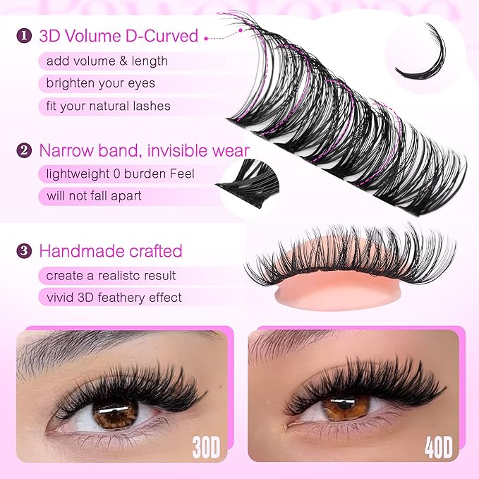 Pawotence Lash Clusters 480pcs Individual Lashes 30D 40D Cluster Eyelash Extensions 11-16mm Eyelash Clusters Lash Extensions for Self Application (30D&40D, 0.07D, 11-16mm Value Pack)