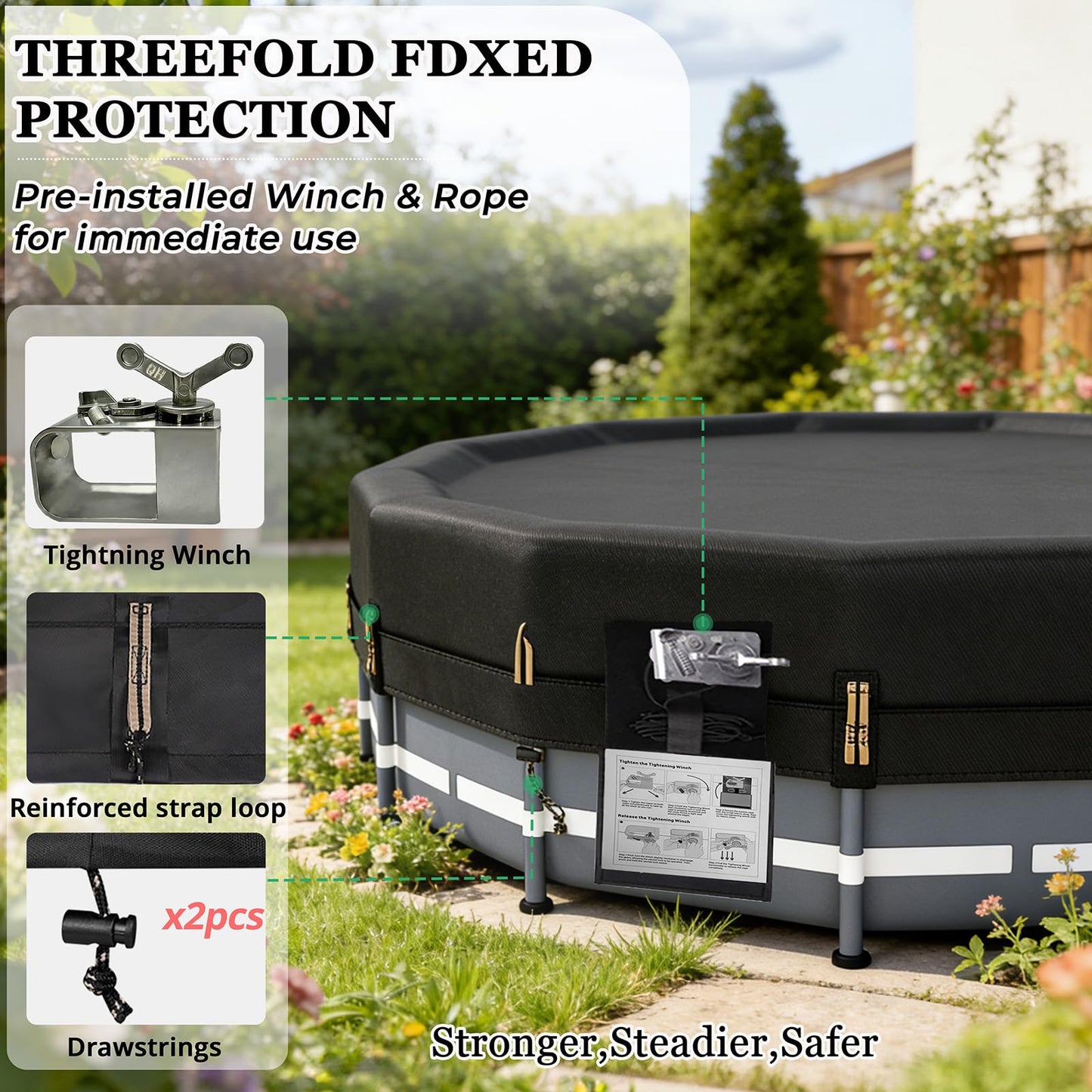 QH.HOME 550D 8Ft Round Stock Tank Pool Cover [Upgraded Tear Resistant & Threefold Windproor] wth Pre-Installed Patented Winch, Solar Cover for Above Ground Pool-Snug Fit & Waterproof Protection