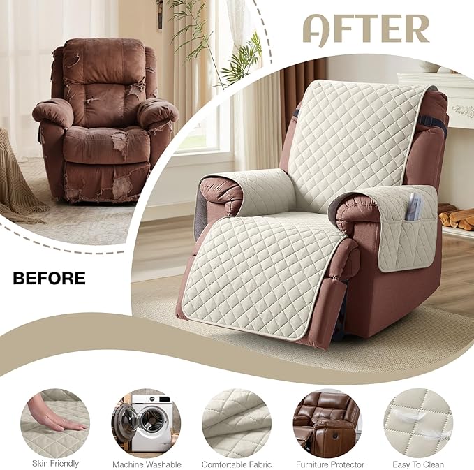 KinCam 100% Waterproof Recliner Chair Cover, Reclining Couch Covers for Pets, Dogs, Recliner Couch Slipcover Furniture Protector with Elastic Straps for Kids(23.6", Ivory)