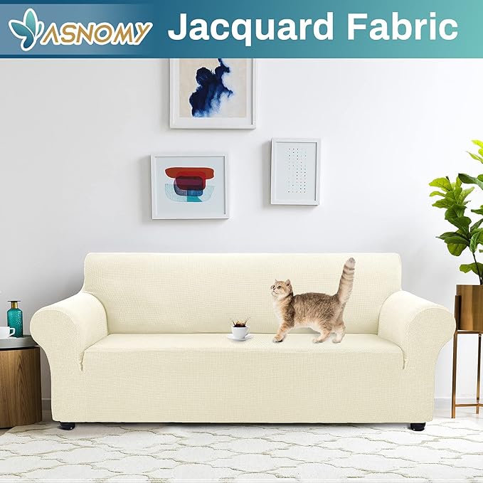 Asnomy Couch Covers for 3 Cushion Couch Stretch Sofa Covers Slipcovers, Pet Protector Furniture Covers for Dogs Cats Spandex Jacquard Fabric Small Checks（X-Large，Off-White）