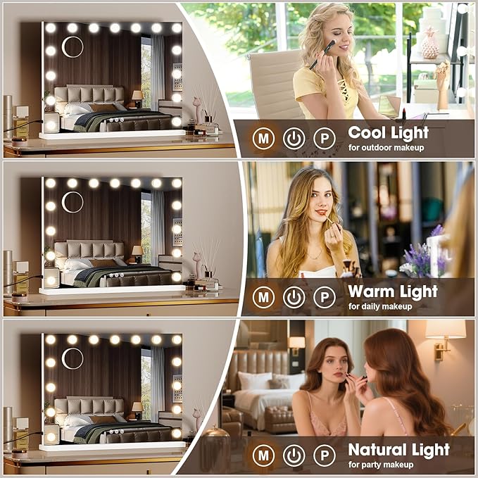 Vanity Mirror with Lights and Bluetooth, 23"X18" Hollywood Mirror for Desk/Wall-Mount, 3 Color Modes Light up Mirror with 15 LED Bulbs USB Charging Port and 10X Magnification, Gifts for Women