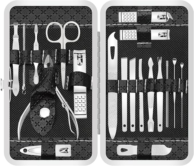 Manicure Set 19 in 1 Nail Clipper Set, Professional Stainless Steel Nail Kit for Women, Men, Nail Care Tools Suitable for Travel Manicure Kit, Grooming Kit with Leather Travel Case