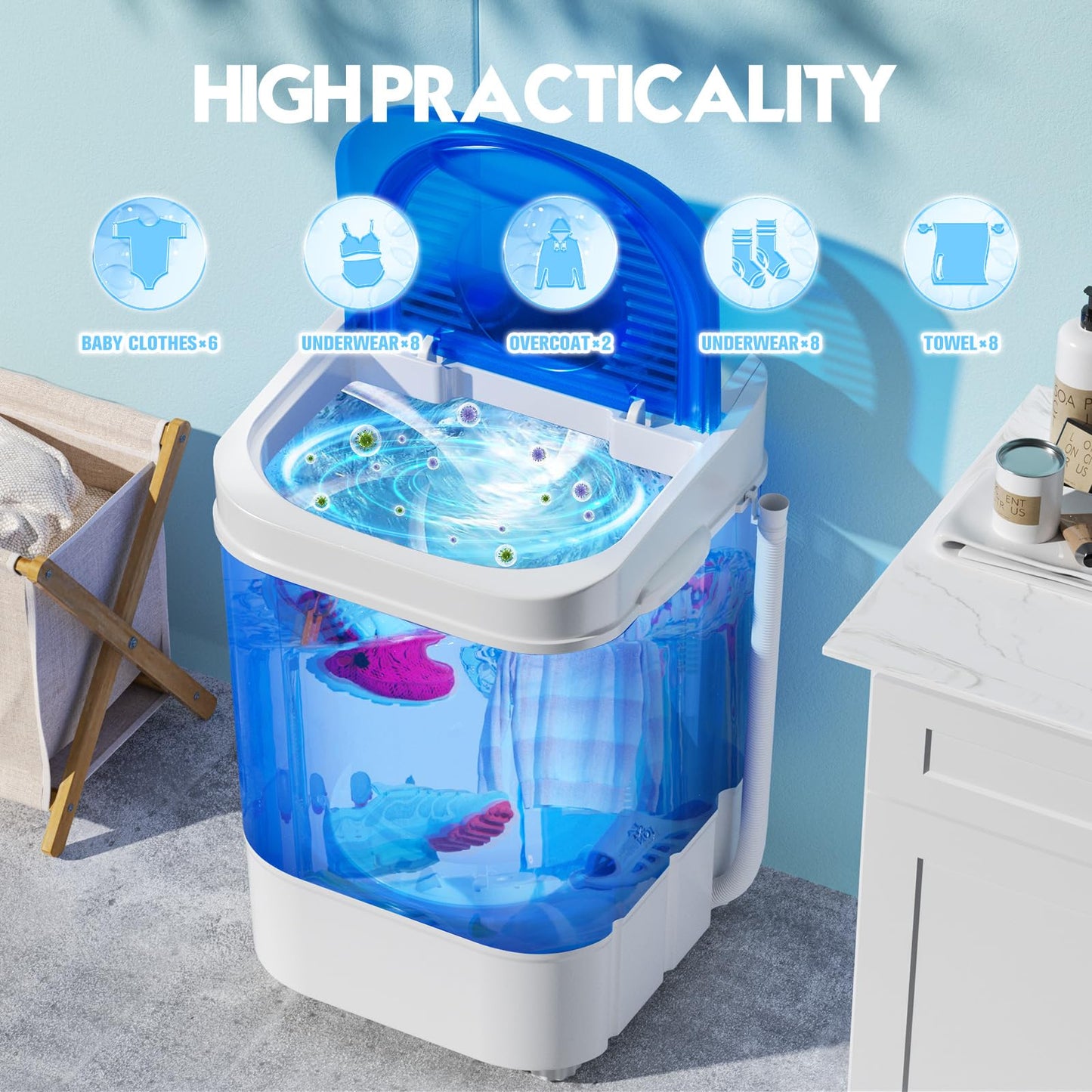 Pataku Portable Washing Machine, 16.7lbs Washer and Dryer with Shoe Brush 3 In 1, Single Tub Shoes Wash Machine and Spin Basket, Suitable for Dorms, Laundry, Apartments, Condos, RV