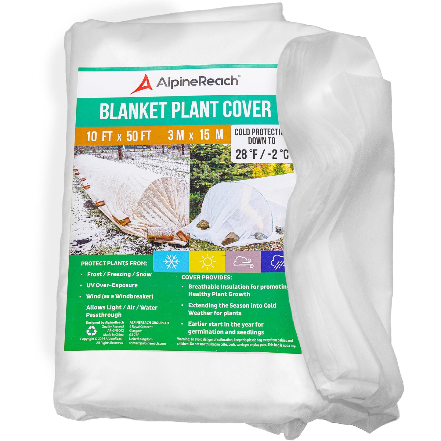 AlpineReach Plant Covers Frost & Sun Protection 10 x 50 ft - Thick 1.2 oz/ydÂ² Freeze Blanket to Low 28 Â°F Temperatures Floating Row, Garden Fabric Material, Protect in Winter Cold, Gardening Down
