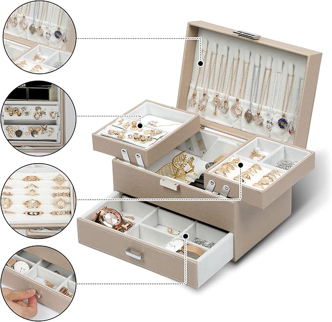 Dajasan Jewelry Organizer Box, Large Jewelry Boxes for Women Girls, Compact 3 Layers Jewelry Storage Case with Drawer, Movable Metal Stand, Modern, Gift Idea (Champagne)