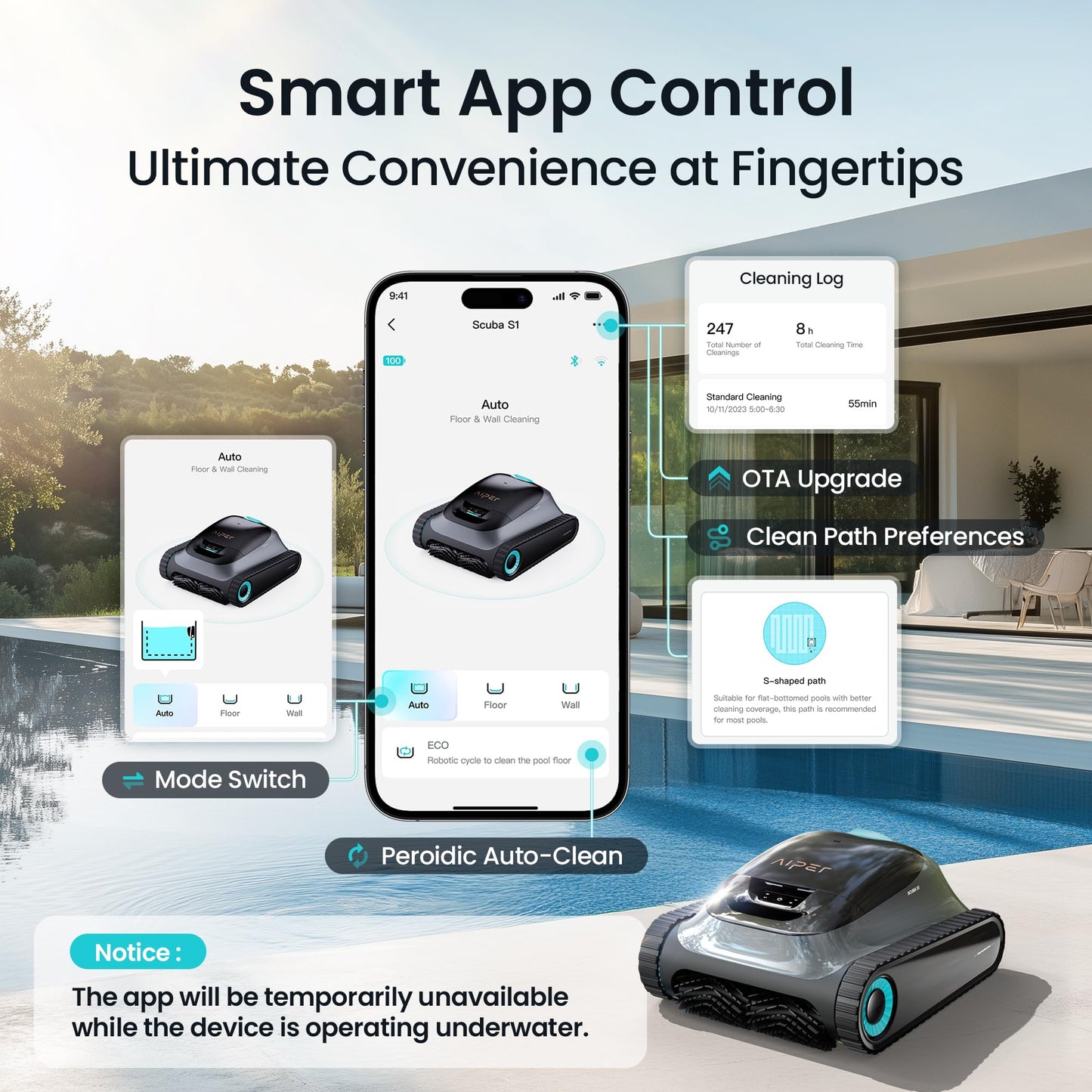 (2026 Upgrade) Aiper Scuba S1 Robotic Pool Cleaner, Wall & Waterline Cleaning, Dual Filtration, Extended 240-Min Battery Life, Smarter Navigation with High-Precision Sensors, App Support, OTA Upgrade