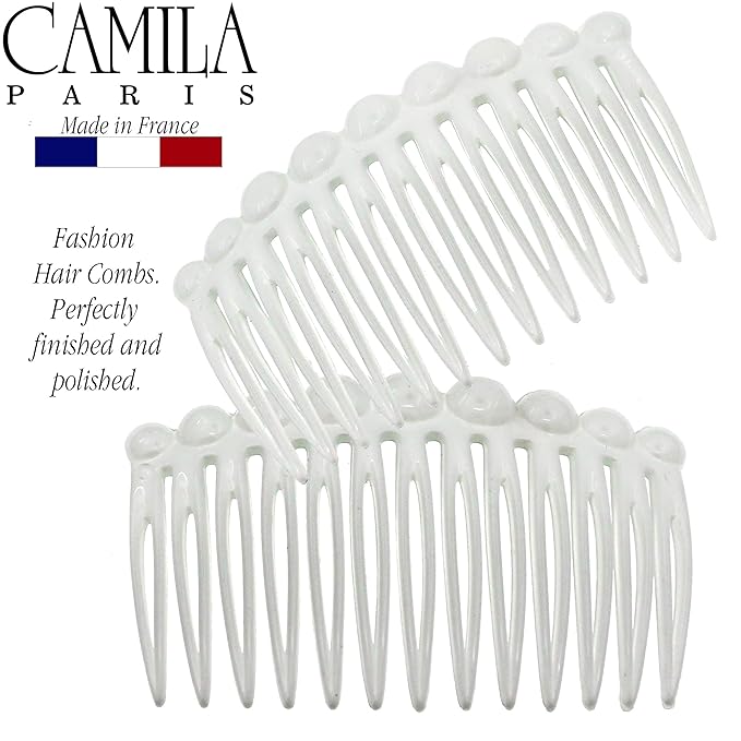 Camila Paris CP2900/2 French Hair Side Comb Small Rounded, White French Twist Hair Combs Decorative, Strong Hold Hair Clips for Women Bun Chignon Up-Do Styling Girls Hair Accessories, Made in France