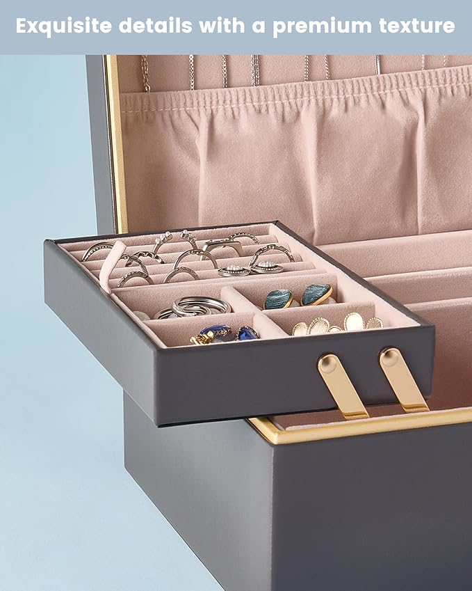 Lolalet Jewelry Box Organizer for Women Girls, 2 Layer Jewelry Organizers and Storage for Necklace Earrings Rings Bracelets, Large Jewellery Holder Case Birthday Valentine Gifts -Charcoal gray