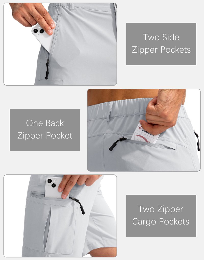 Pudolla Men's Hiking Cargo Shorts 9" Lightweight Outdoor Work Shorts for Men Travel Golf Camping Casual with 5 Zipper Pockets(Bright Grey Large)