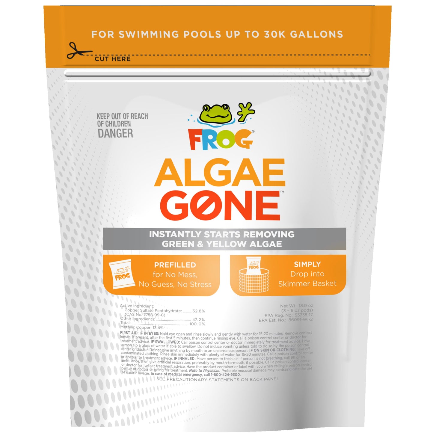 FROG Algae Gone - Dry Formula Algaecide Removes Green and Yellow Algae for In-Ground & Above-Ground Pools up to 30,000 Gallons - Chemical Pool Maintenance & Treatment - 3 Pods