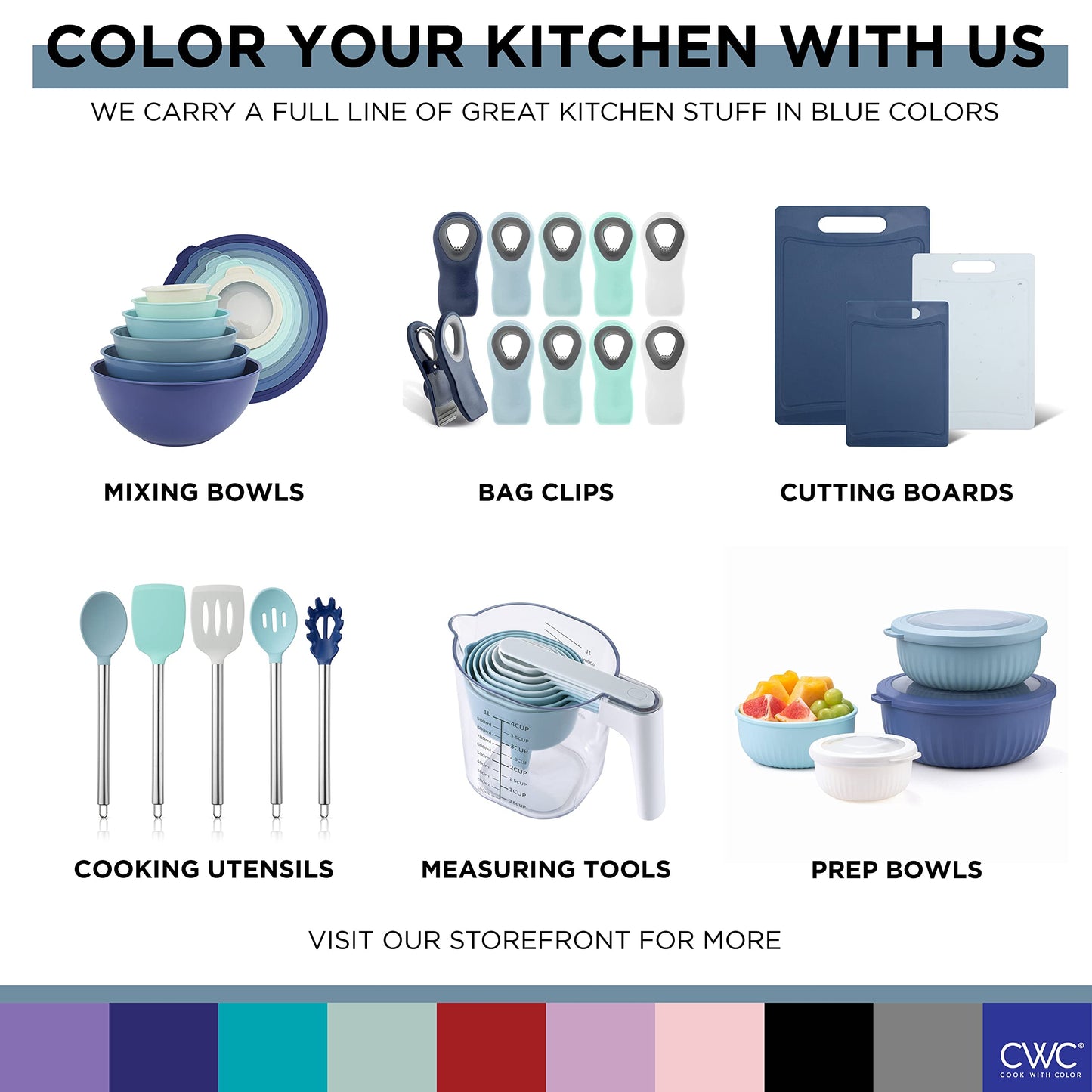 COOK WITH COLOR Mixing Bowls with Lids - 12 Piece Plastic Nesting Bowls Set includes 6 Prep Bowls and 6 Lids, Rhombus Design - Microwave Safe (Blue)