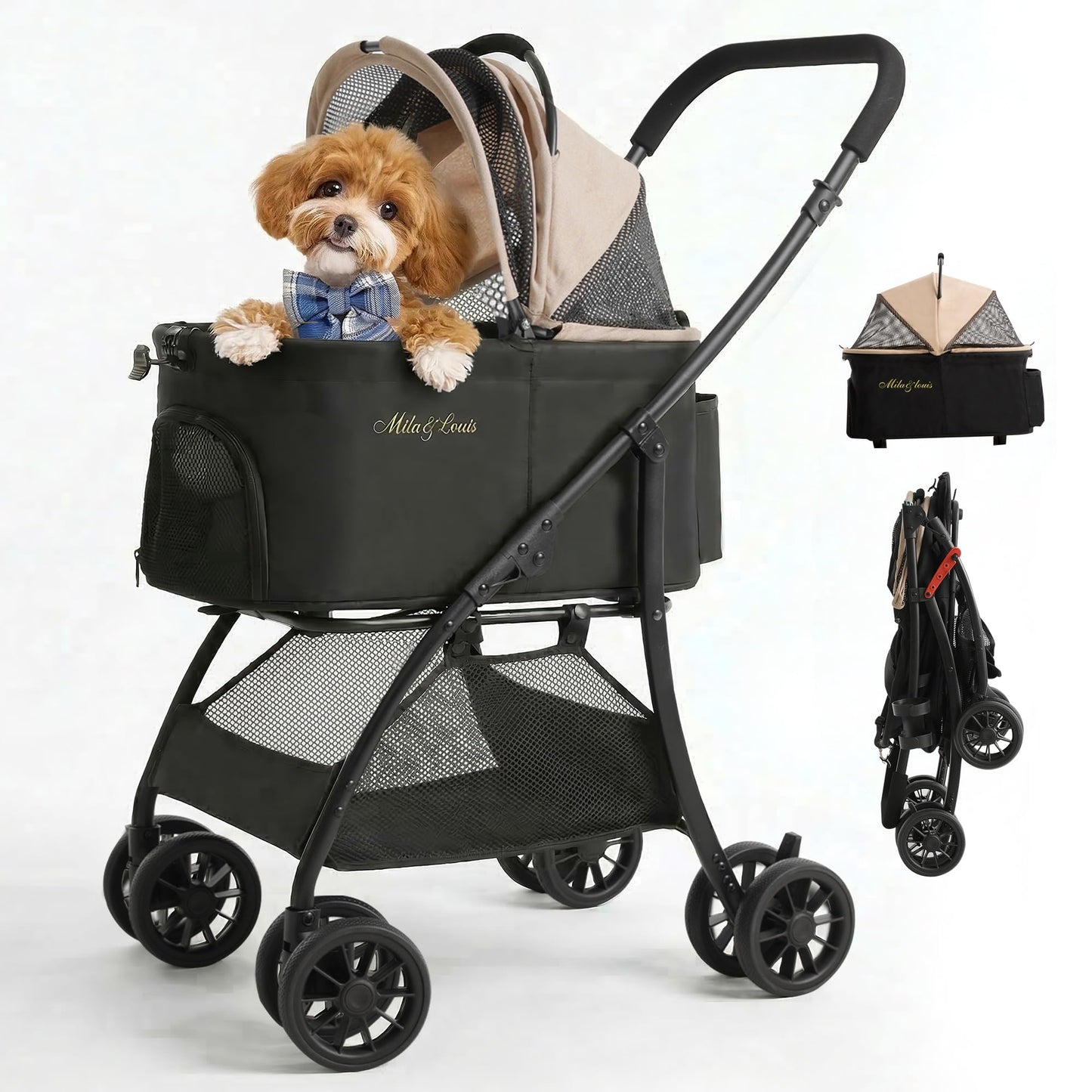 MILA&LOUIS Dog Stroller, 22" Pet Cradle for Small Dog, Pet Stroller with 4 Pu Wheels, 10Lbs Ultra-Light Dog&Cat Stroller for Small Pets, Max 22Lbs Capacity Detachable & Foldable Design with Cup Holder
