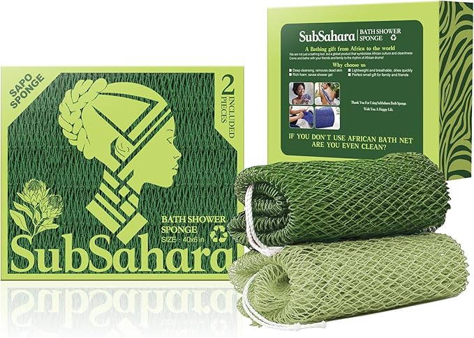 SubSahara Authentic African Net Sponge - 2 Pack Exfoliating Bath & Shower Loofah Sponge for Body & Face, Gentle Scrubber for All Skin Types, Travel, Durable Polyester (Olive Green & Light Green)