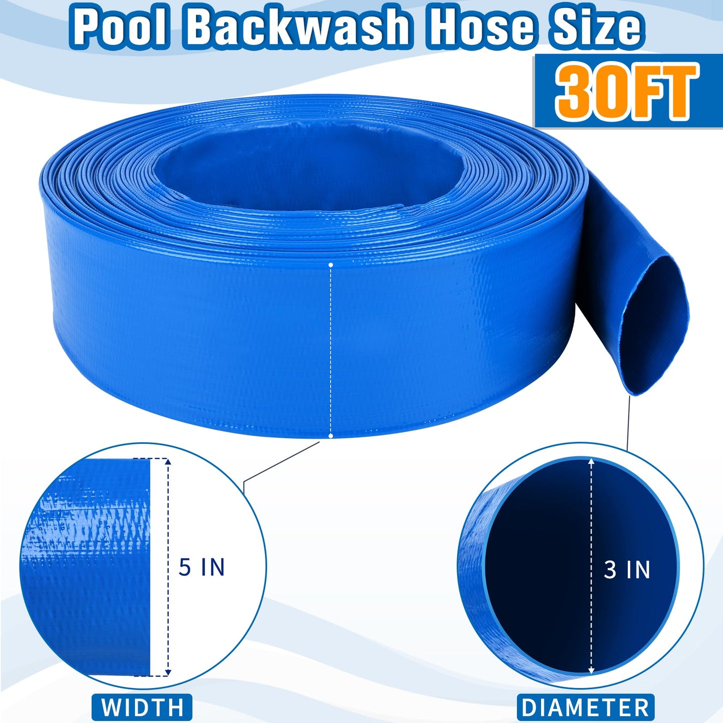 MYFAMIREA 3 IN x 110 FT Pool Backwash Hose Heavy Duty Drain Discharge Double PVC Layflat Hose with 2 Clamps, Weatherproof Burst Resistant for Water Transfer, Sump Pump, Pool Filter, Drain (33.6M,Blue)