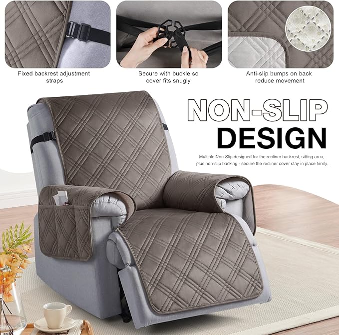 TAOCOCO 100% Waterproof Recliner Chair Cover, Recliner Covers for Recliner Chair with Pocket, Non Slip Reclining Chair Cover Furniture Protector for Kids, Pets(23.6'', Chocolate-Velvet)