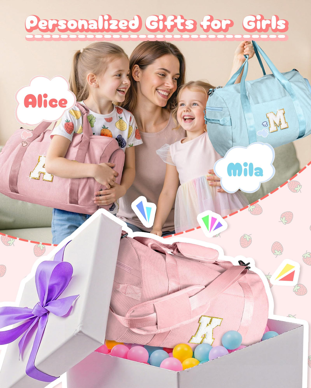 Vogewood 3 Year Old Girl Birthday Gifts, Girls Gym Bag, Kids Personalized Dance Bags with Shoe Compartment, Customized Travel Duffle with Toiletry Bag, Gift for Ballet Gymnastics Kid (Letter R)