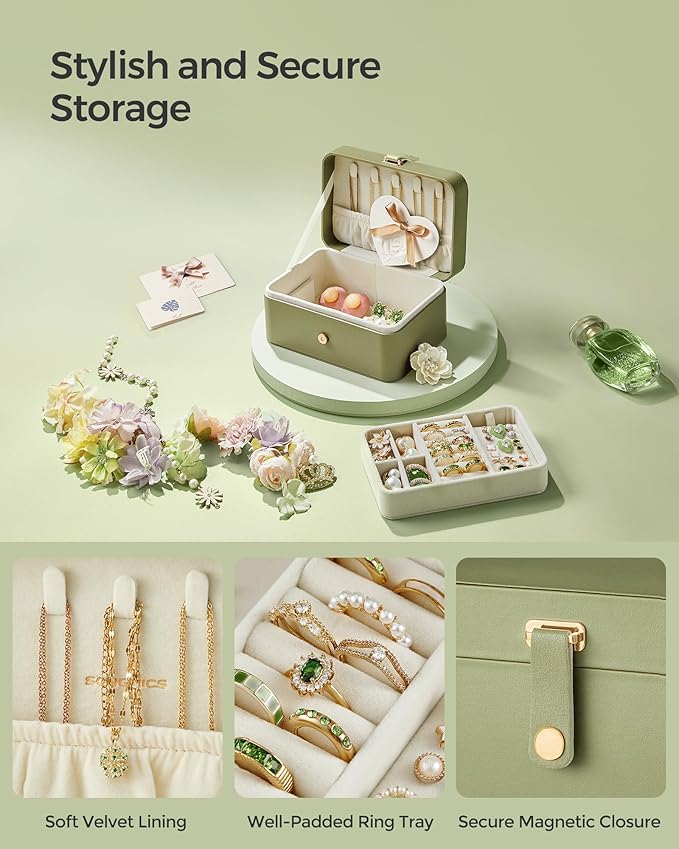 SONGMICS Jewelry Organizer Box, Travel Jewelry Case, 2-Layer Travel Case for Earrings, Necklaces, Bracelets - Portable Jewelry Storage with Large Capacity, Gift Idea, Laurel Green UJBC166C02