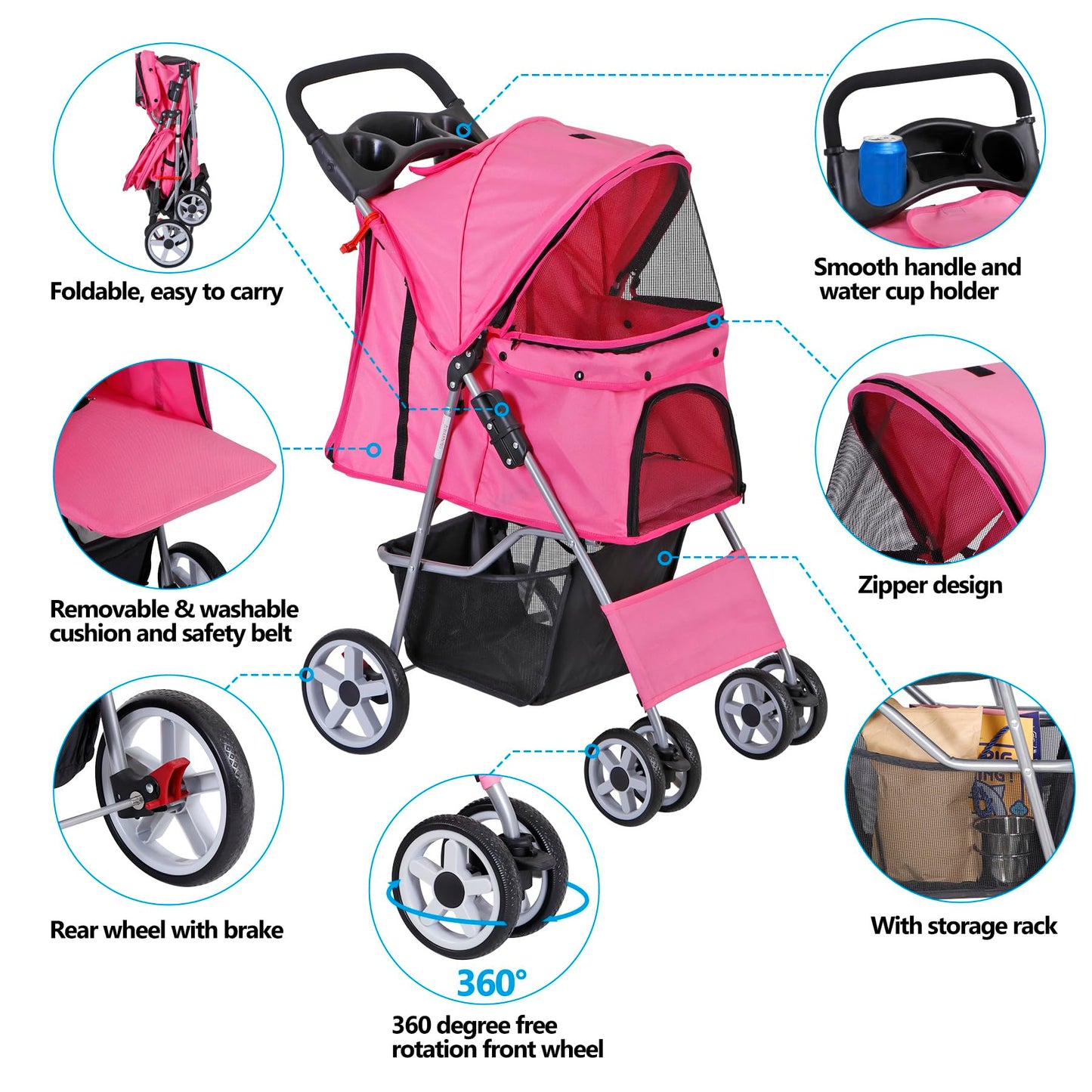 LEMY Foldable Pet Stroller,4 Wheels Cat/Dog Stroller with Weather Cover for Small/Medium Dogs and Cats,Pink Pet Strolling Cart with Storage Basket and Cup Holder