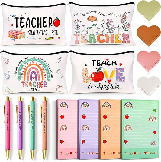 Teacher Appreciation Gifts Bulk, 16Pcs Gifts for Women with Teacher Survival Kit Makeup Bags, Bookmarks, Notepad and Pens, Christmas Valentines Gifts for Appreciation